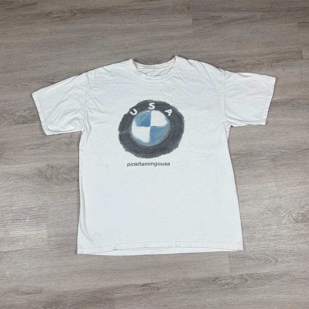Pink Flamingo USA T Shirt Mens Large White Graphic BMW Logo